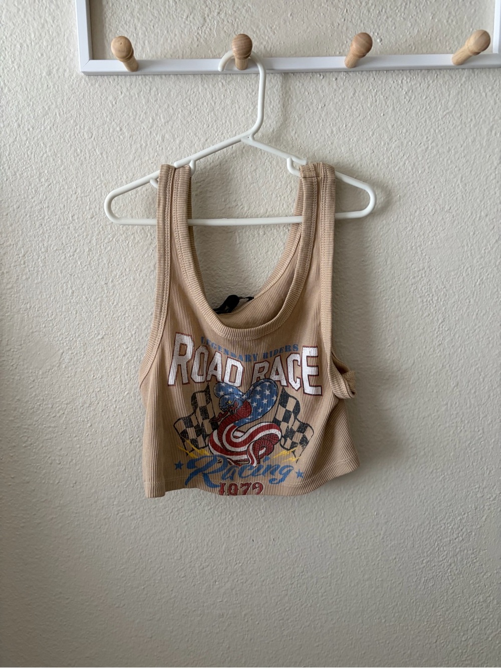 Forever 21 Beige Road Race Graphic Ribbed Tank